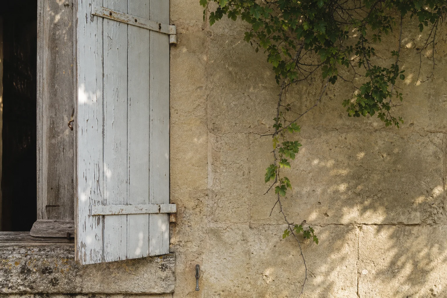 Mur de pierre blonde et volet blanc ancien, évocation de l’architecture rurale girondine